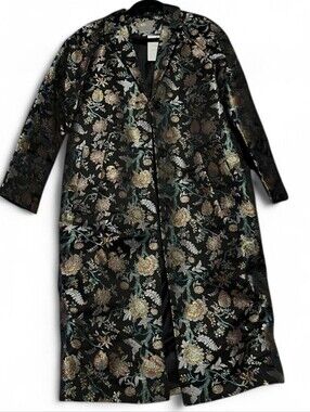 ASOS Black Floral Brocade Long Coat with Metallic Accents